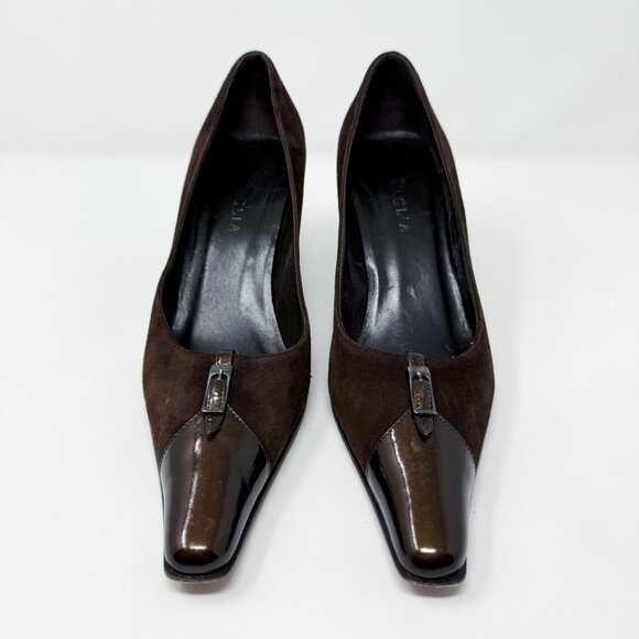 Vintage 90s Battaglia Brown Suede & Patent Leather Pointy Toe Heels Size EU 38 - Picture 2 of 10